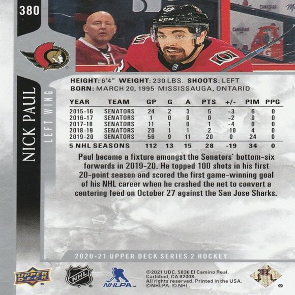Nick Paul - 2020/2021 Upper Deck Series 2 Hockey Card - Picture 2 of 2